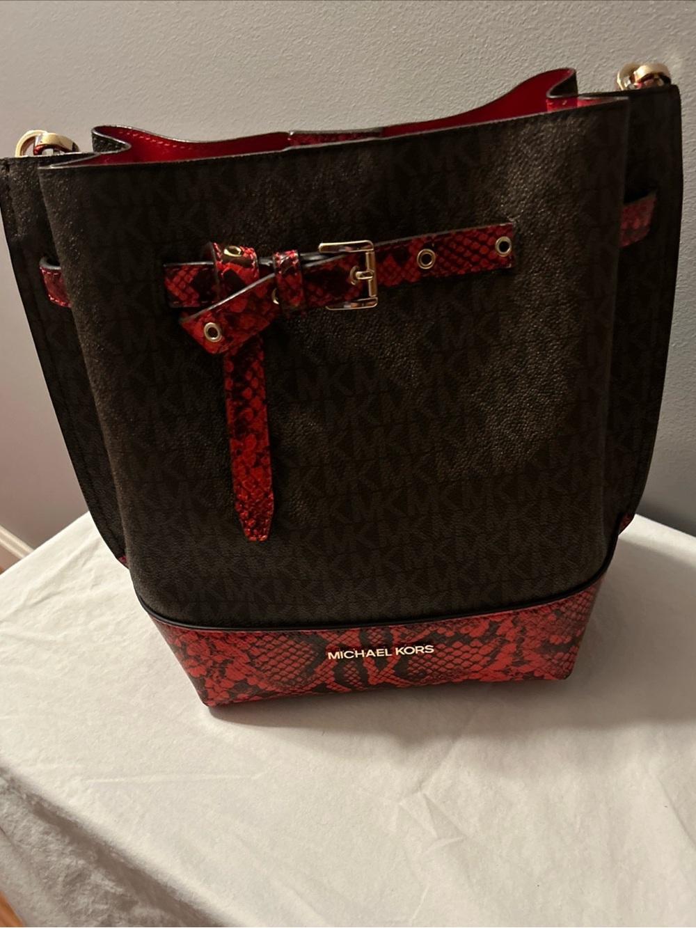 Michael Kors Emilia Small Bucket Bag Brown and Red Snake-Trim w/Belt Style Strap